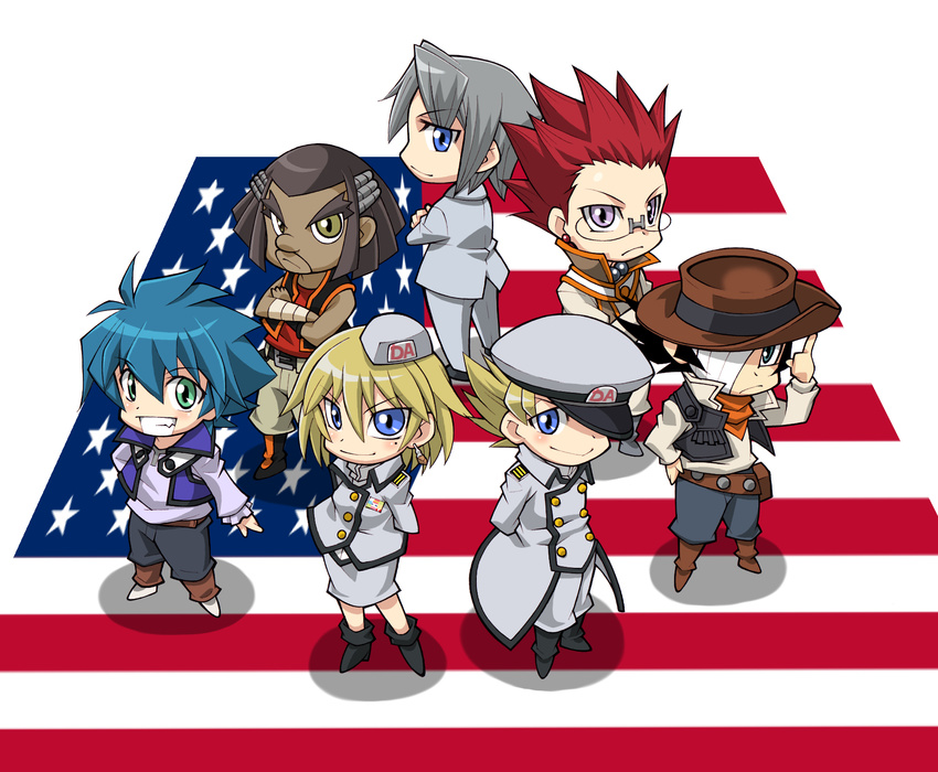 6+boys america american_flag axel_brodie black_hair blonde_hair blue_eyes blush character_request chibi david_rabb edo_phoenix flag flag_background formal green_eyes highres jim_crocodile_cook johan_andersen multiple_boys reggie_mackenzie school_uniform smile yuu-gi-ou yuu-gi-ou_gx yuuki212