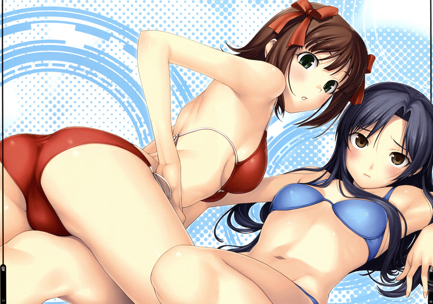 absurdres amami_haruka bare_shoulders bikini blue_hair blush bow brown_eyes brown_hair embarrassed green_eyes hair_bow highres idolmaster idolmaster_(classic) kisaragi_chihaya leg_between_thighs long_hair looking_back midriff multiple_girls red_bikini short_hair swimsuit tanaka_shoutarou