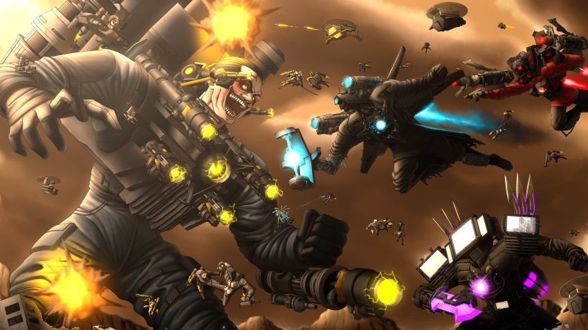 6+boys absurdres arm_cannon battle black_suit broken_screen camera_man_(character) camera_transport_helicopter chest_cannon claw_(weapon) commentary core crazy crazy_grin dancing dark_speaker_man detainer_astro_toilet dial_television dual_arm_cannons dual_wielding emoji energy_blade energy_cannon english_commentary explosion explosive fighting flying g-toilet giant glowing glowing_eyes highres holding holding_knife holding_plunger holding_sword holding_weapon jetpack knife large_camera_man large_speaker_man large_tv_man looking_at_another looking_at_viewer mecha missile movie_theater multiple_boys mutant_skibidi_toilet object_head pb7z19rlukdnjld plunger plunger_man robot rocket_launcher ruins security_camera shirt short_hair shoulder_cannon sitting skibidi_toilet_(series) smile speaker speaker_woman spinning suit sword television the_secret_agent thumbs_up titan_camera_man titan_speaker_man titan_tv_man toilet toilet_seat tv_man tv_woman weapon white_suit wings wrist_blades