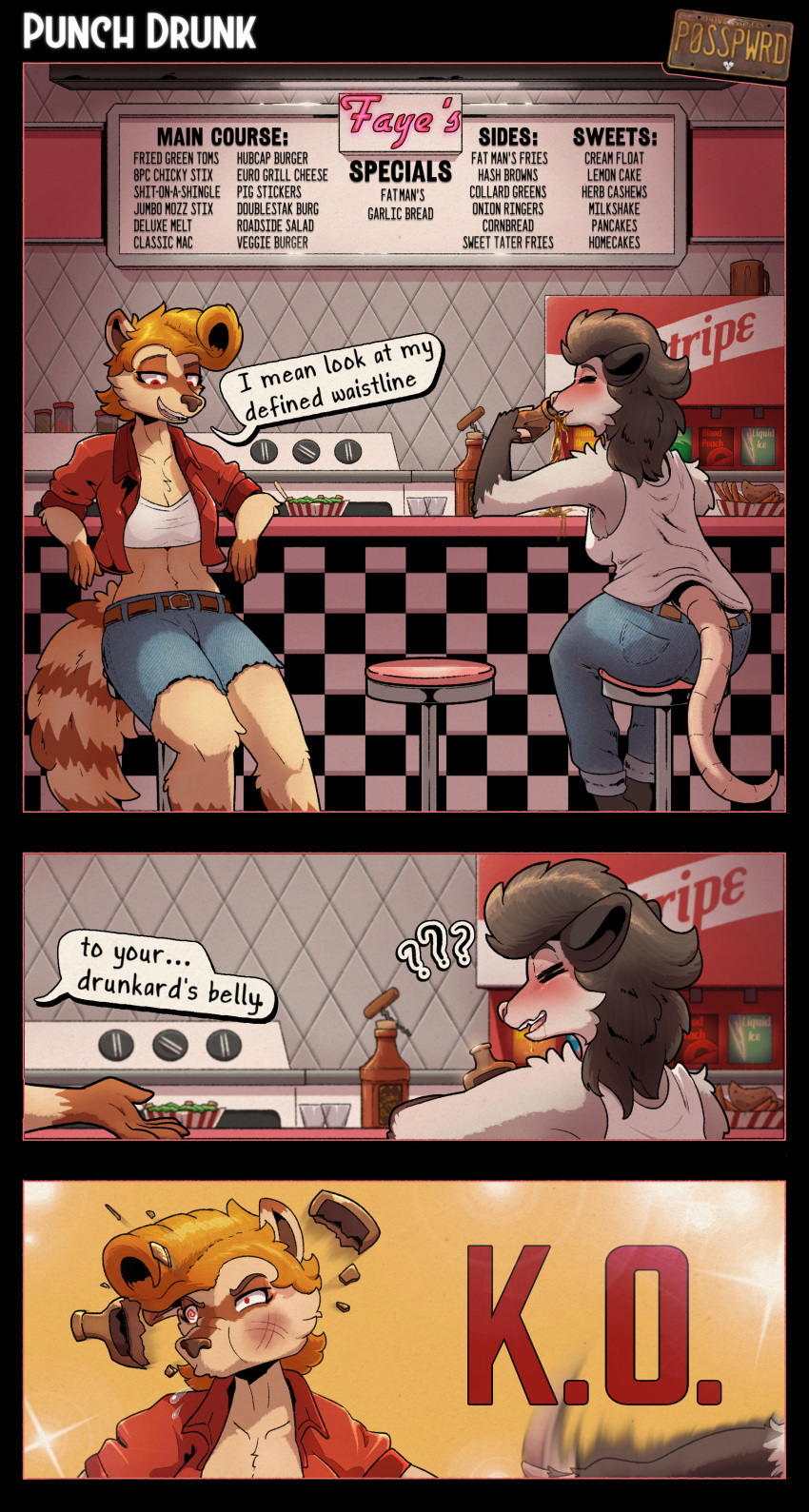 2026 5_fingers absurd_res alcohol american_opossum angry anthro appliance arm_tuft artist_logo attack bar_stool beer belt belt_buckle beverage big_butt black_body black_ears black_eyebrows black_eyes black_fur black_hair black_text blonde_hair blue_bottomwear blue_clothing blue_jeans blue_pants blush bodily_fluids bonnie_vale_(posspowered) bottle bottomwear breasts broken_bottle brown_belt brown_body brown_ear_tips brown_eyebrows brown_fur brown_inner_ear brown_nose brown_tail bruised bruised_face buckle butt cheek_tuft chest_tuft cleavage clothed clothed_anthro clothed_female clothing collarbone comic container cora_vayre_(posspowered) crop_top denim denim_bottomwear denim_clothing denim_shorts dialogue diner dipstick_ears drinking drooling drunk ear_markings english_text eyebrows eyelashes eyes_closed facial_markings facial_tuft female female_anthro fingers fluffy fluffy_tail food fries fur furniture grey_body grey_fur hair hairless_tail half-closed_eyes head_markings hi_res inside insult jacket jeans kitchen_appliance leaning leaning_backward leather leather_clothing leather_jacket leather_topwear leucistic logo looking_down looking_down_at_self mammal markings marsupial mask_(marking) medium_breasts midriff motion_blur mullet multicolored_body multicolored_ears multicolored_fur narrowed_eyes navel neon_sign open_clothing open_jacket open_mouth open_topwear oven pants pink_nose pink_tail pink_text pink_tongue pockets posspowered procyonid pupils question_mark raccoon raised_eyebrow red_clothing red_eyes red_jacket red_text red_topwear restaurant ring_(marking) ringed_tail saliva saliva_on_face shirt short_hair shorts shoulder_tuft sign sitting smile smirk snout soda_fountain solo speech_bubble spilling spiral spiral_eyes stool striped_markings striped_tail stripes substance_intoxication tail tail_markings talking_to_another tan_body tan_ears tan_fur tan_tail tank_top teeth text throwing throwing_object tile tile_wall tongue topwear tuft two_tone_body two_tone_ears two_tone_fur two_tone_tail violence virginia_opossum wall_(structure) white_clothing white_crop_top white_shirt white_tank_top white_text white_topwear