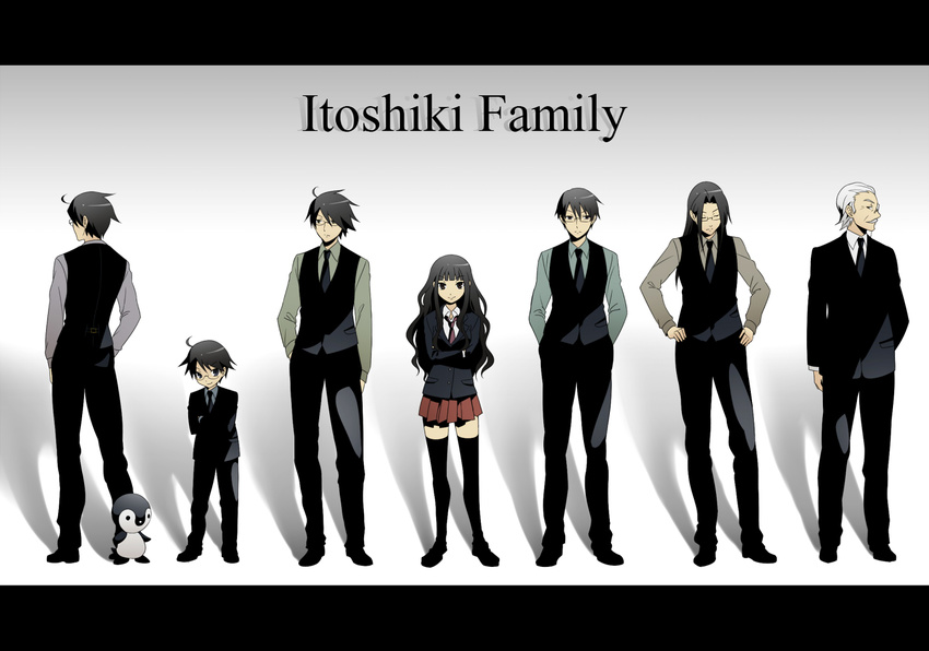 6+boys ahoge bird black_hair butler child emperor_penguin english formal ghost_in_the_shell ghost_in_the_shell_lineup itoshiki_enishi itoshiki_kei itoshiki_majiru itoshiki_mikoto itoshiki_nozomu itoshiki_rin legs letterboxed lineup milcho multiple_boys necktie parody penguin sayonara_zetsubou_sensei siblings skirt standing thighhighs tokita_(szs) wavy_hair zettai_ryouiki