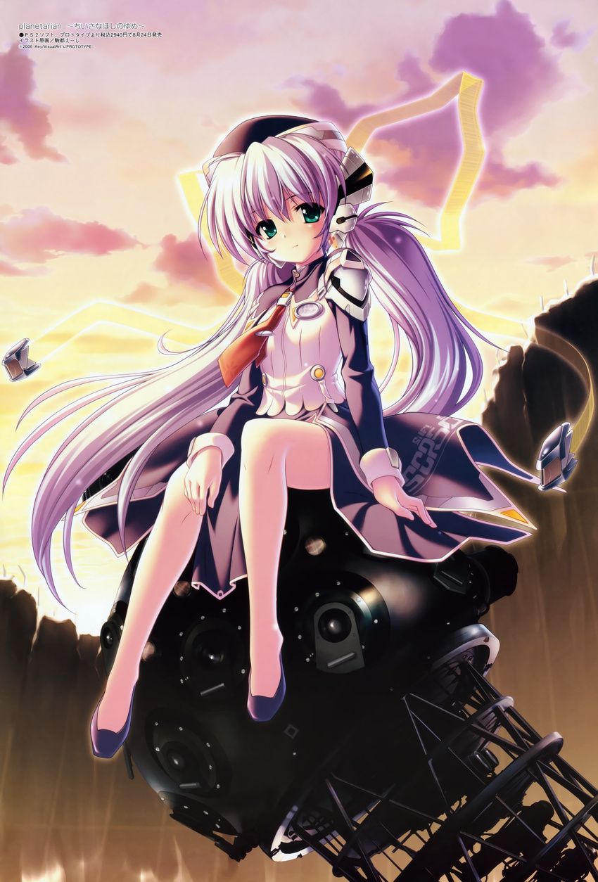 absurdres android aqua_eyes arm_support armor bangs barcode bare_legs blush canyon cliff clothes_writing cloud flat_chest hair_ribbon hat highres hoshino_yumemi komatsu_eiji legs light_smile long_hair long_sleeves looking_at_viewer low_twintails machine megami necktie no_panties non-web_source official_art outdoors pauldrons planetarian ribbon robot_ears scan see-through shirt shoes side_slit sitting skirt sky sleeve_cuffs smile solo sunset turtleneck twintails uniform very_long_hair white_hair