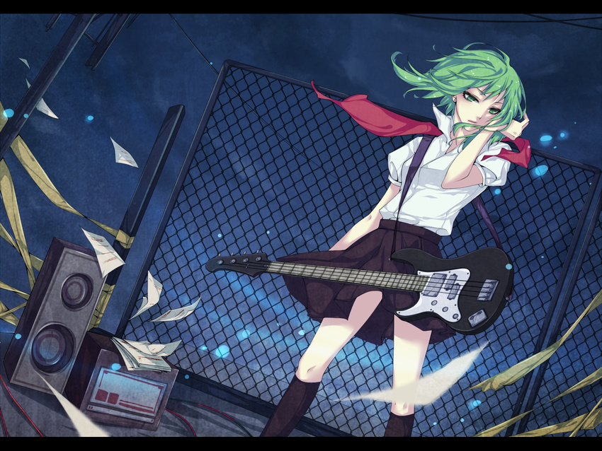 amplifier bad_id bad_pixiv_id bass_guitar chain-link_fence fence green_eyes green_hair gumi instrument letterboxed looking_down natsuki0910 night night_sky school_uniform sheet_music short_hair sky solo speaker tape vocaloid wind