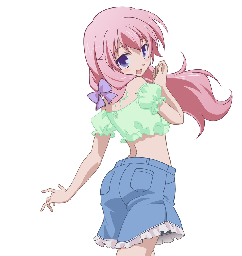 baka_to_test_to_shoukanjuu bare_shoulders crop_top denim denim_skirt highres himeji_mizuki long_hair looking_back midriff pink_hair purple_eyes skirt solo transparent_background vector_trace