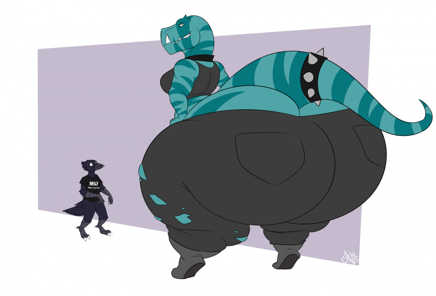absurd_res anthro avian big_butt bird black_clothing bottom_heavy bracelet butt butt_squish clothing collar corvid corvus_(genus) crow dinosaur duo dxcfv fang_(primal) female hi_res huge_butt hyper hyper_butt jangleforks jewelry larger_female male male/female oscine passerine plantigrade prehistoric_species raised_heel reptile saurischian scalie size_difference smaller_male smirking_at_another smug_grin spiked_bracelet spikes squish standing tail theropod thick_thighs torn_clothing tyrannosaurid tyrannosauroid tyrannosaurus tyrannosaurus_rex