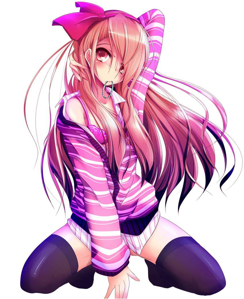 adjusting_hair black_legwear bra brown_eyes brown_hair hair_over_one_eye hair_ribbon highres idolmaster idolmaster_(classic) idolmaster_2 kneeling lingerie long_hair minase_iori mouth_hold natsu_(anta_tte_hitoha) open_clothes open_shirt ribbon shirt solo sweater thighhighs underwear zettai_ryouiki