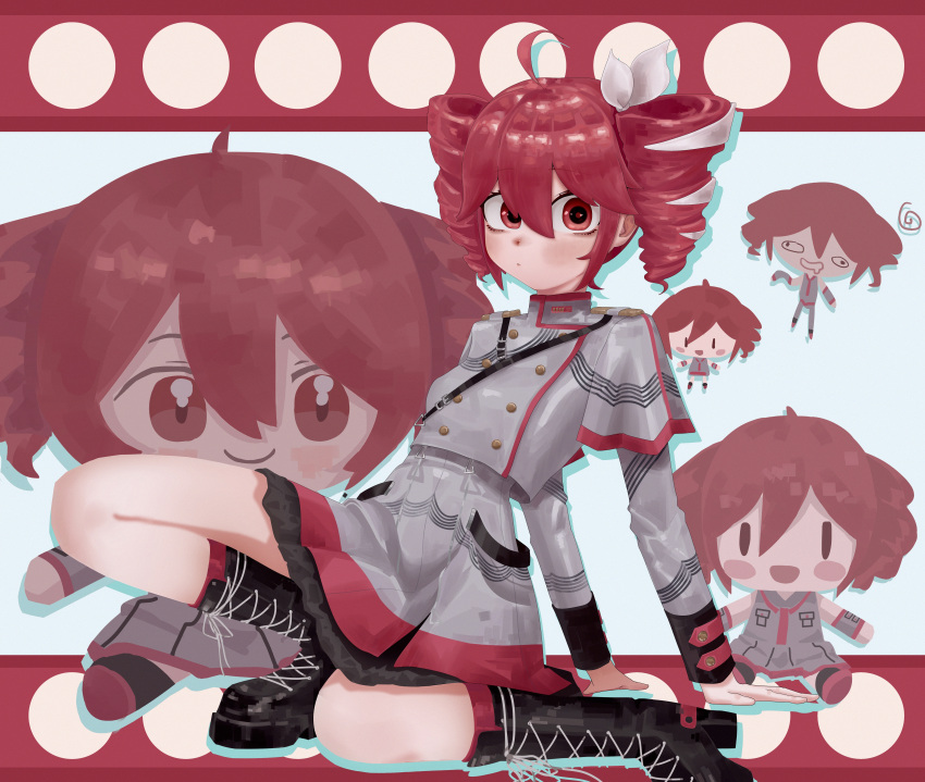 1girl absurdres arm_support black_boots boots buttons commentary double-breasted drill_hair grey_jacket grey_skirt highres jacket kasane_teto kasane_teto_(sv) leaning_back long_sleeves looking_at_viewer miniskirt red_eyes red_hair sitting skirt synthesizer_v twin_drills xujunze7