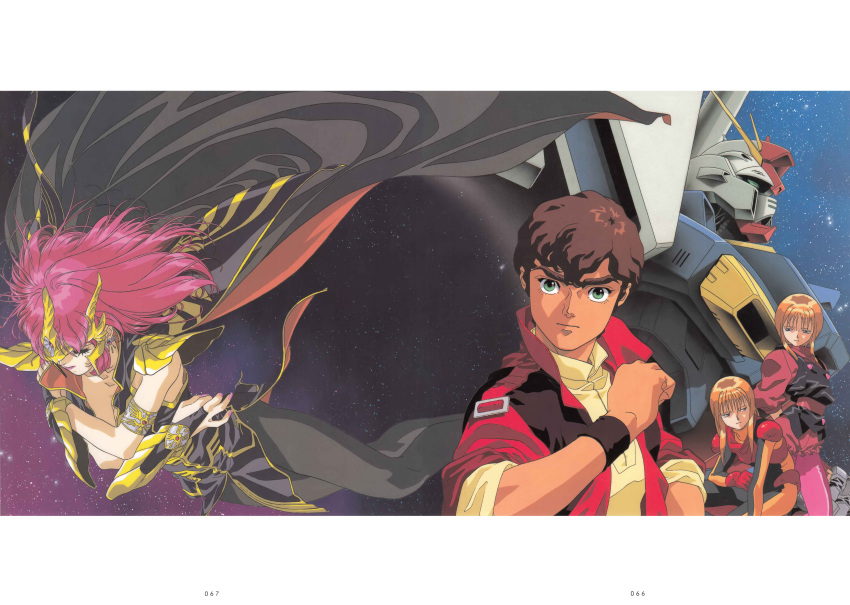 1990s_(style) 1boy 3girls absurdres beam_cannon brown_hair elpeo_puru epaulettes green_eyes gundam gundam_zz haman_karn highres jacket judau_ashta kitazume_hiroyuki magazine_scan mecha mecha_pilot_suit military_rank_insignia military_uniform mobile_suit multiple_girls nebula neo_zeon official_art orange_hair pink_hair puru_two red_jacket retro_artstyle robot scan science_fiction space star_(sky) traditional_media v-fin wristband zero_gravity zz_gundam
