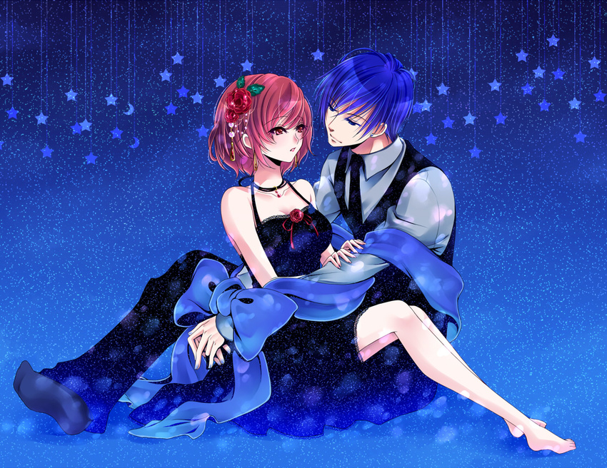 1girl bare_shoulders barefoot black_dress blue_eyes blue_hair blue_scarf bow brown_eyes brown_hair collarbone couple dress eye_contact flower hair_flower hair_ornament hetero kaito looking_at_another meiko necktie scarf scarf_bow short_hair tonyo_(milky_crown) vest vocaloid