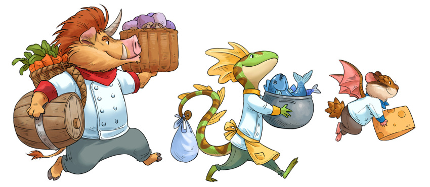 2025 anthro apron bag barefoot basket bottomwear carrot clothing container critter_kitchen feet flying food green_body group hi_res holding_basket holding_cheese holding_container holding_fish holding_mushroom holding_object hooves horn kerchief male mammal membrane_(anatomy) membranous_wings neckerchief neckwear official_art pants plant red_kerchief red_neckerchief reptile rodent sandara scalie side_view simple_background size_difference smile suid suine sus_(pig) tusks vegetable walking whiskers white_background wild_boar wings yellow_apron yellow_clothing