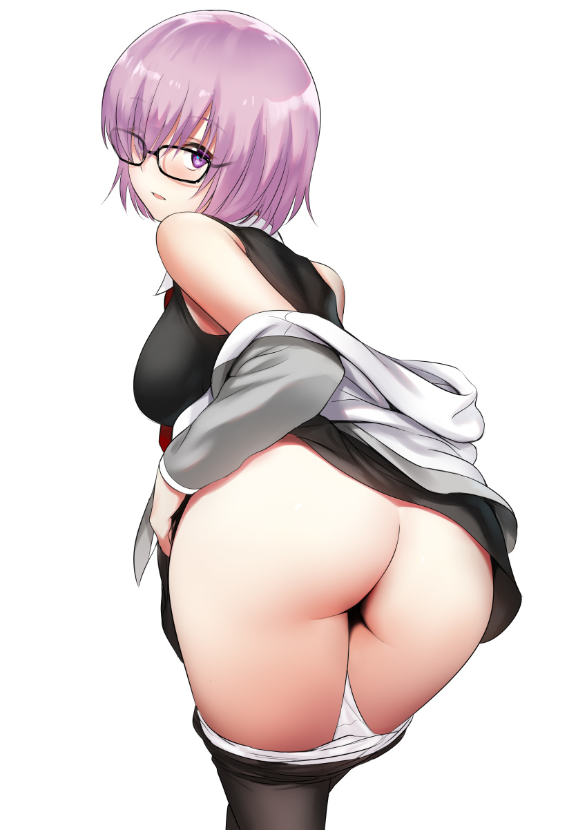 1girl absurdres ass bare_shoulders black-framed_eyewear black_legwear black_shirt blush breasts commentary fate/grand_order fate_(series) glasses grey_jacket hair_over_one_eye highres jacket large_breasts lavender_hair long_sleeves looking_at_viewer looking_back mash_kyrielight off_shoulder panties panty_pull pantyhose pantyhose_pull parted_lips purple_eyes shirt short_hair simple_background sleeveless solo tabobox thighs underwear white_background white_panties