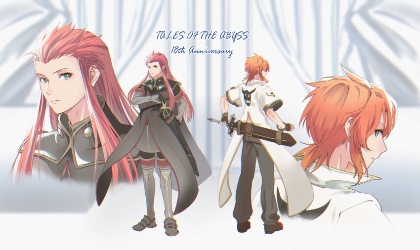 2boys absurdres anniversary asch_(tales) black_pants black_tabard boots brown_gloves commentary_request copyright_name elbow_gloves fingerless_gloves from_behind full_body gloves green_eyes grey_boots grey_gloves hair_slicked_back highres jacket long_hair luke_fon_fabre male_focus mn_8707 multiple_boys pants red_hair short_hair short_sleeves sidelocks standing sword sword_on_back tabard tales_of_(series) tales_of_the_abyss thigh_boots weapon weapon_on_back white_jacket