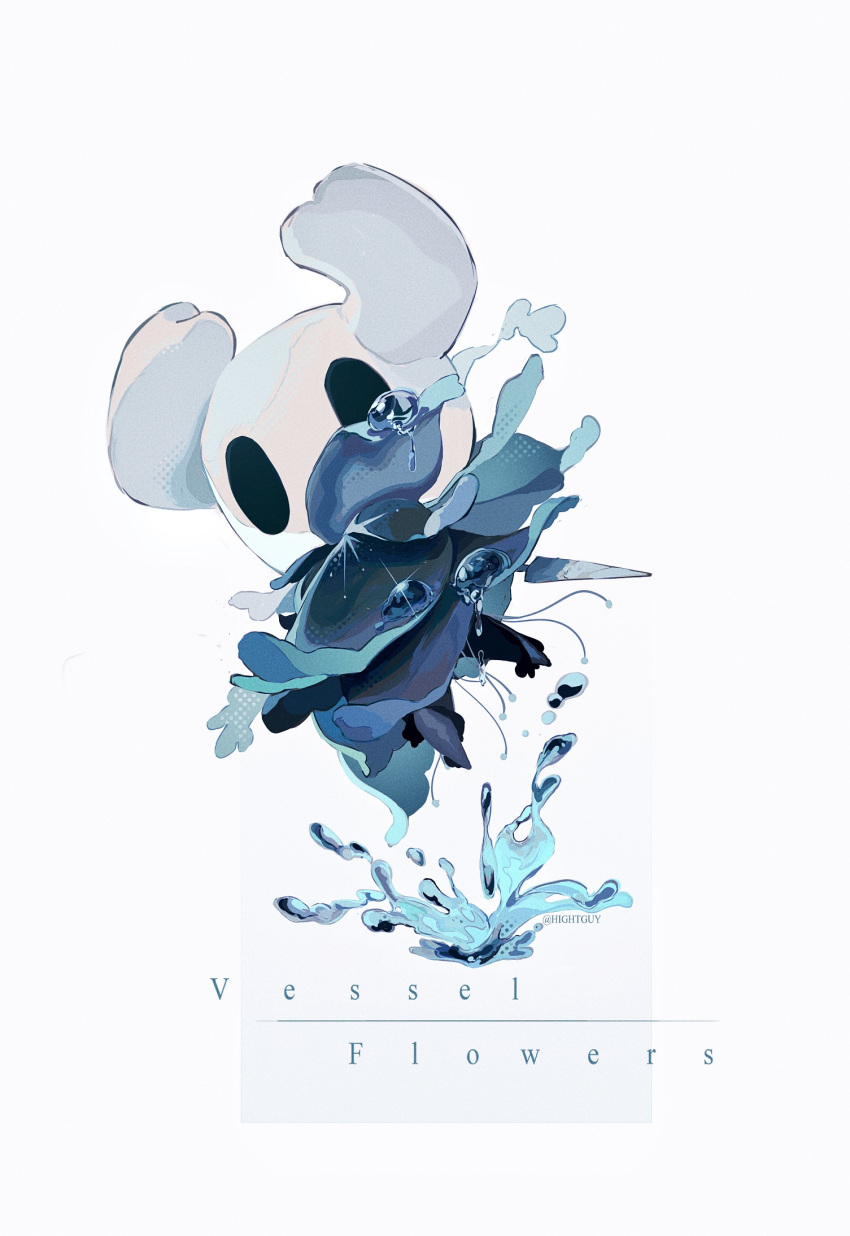 1other black_cloak border chinese_commentary cloak commentary_request film_grain floating full_body grey_background halftone highres hightguy hollow_eyes hollow_knight horned_mask knight_(hollow_knight) looking_at_viewer mask other_focus outside_border simple_background solid_oval_eyes solo water white_border white_mask