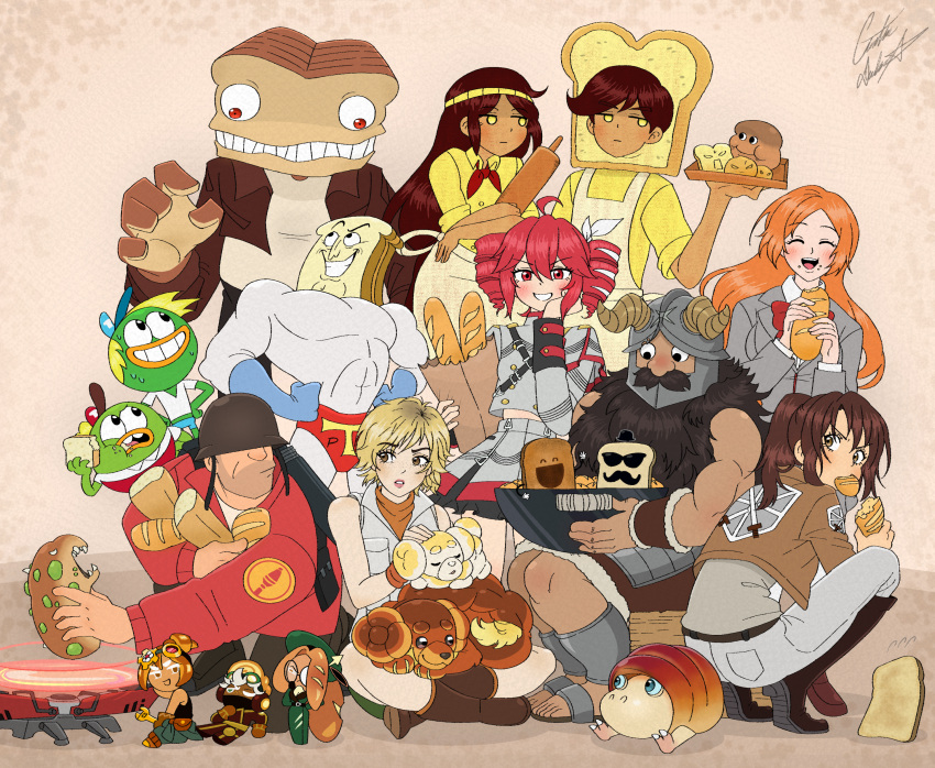 6+boys 6+girls :t ^_^ absurdres ahoge animal_on_lap anton_(tawog) apron aqua_hat aqua_shorts armor bag baguette baguette_cookie beard beard_over_mouth belt biscuit_(omori) black_boots black_hair black_hat bleach blonde_hair blue_eyes blue_gloves blush boots bow bracer bread bread_monster bread_slice breadbug breadhead breadwinners brown_background brown_belt brown_boots brown_hair brown_helmet brown_jacket brown_pants buhdeuce chris-thekid closed_eyes closed_mouth clothes_around_waist collared_shirt colored_skin commentary cookie_run cookie_run:_ovenbreak covered_abs covered_eyes covered_mouth covered_pectorals creature croissant_cookie cropped_jacket crossed_legs crossover dachsbun dark-skinned_female dark-skinned_male dark_skin disguised_toast dog dog_on_lap doughie_(omori) drill_hair dungeon_meshi dwarf eating elbow_gloves english_commentary expiration_date_(tf2) eyelashes facial_hair fake_horns fidough flying_sweatdrops food food_in_mouth food_on_face glasses gloves goggles goggles_on_head green_hat green_skin grey_helmet grey_jacket grey_pants grey_shirt grey_skirt hair_ribbon hand_on_another's_head hand_on_own_face hands_on_own_hips hat headband heather_mason helmet helmet_over_eyes highres holding holding_bag holding_bread holding_creature holding_food holding_rolling_pin holding_tray holding_wrench horned_helmet horns i_am_bread inoue_orihime jacket kasane_teto kasane_teto_(sv) kneeling leather_armor lips living_food loaf_of_bread loafer_the_living_bread long_beard long_hair long_sleeves looking_back marble_bread_cookie mask medium_hair monster mouth_mask multiple_boys multiple_girls muscular muscular_male mustache neckerchief nervous_sweating no_sclera on_lap open_mouth orange_hair orange_lips orange_shirt pants paper_bag pectorals pikmin_(series) pokemon pokemon_(creature) pokemon_on_lap ponytail powdered_toast_man red_bow red_eyes red_hair red_hat red_jacket red_neckerchief red_shorts red_soldier_(tf2) ren_&amp;_stimpy ribbon rolling_pin round_eyewear sasha_blouse senshi_(dungeon_meshi) sharp_teeth shingeki_no_kyojin shirt short_hair short_sleeves shorts signature silent_hill_(series) silent_hill_3 simple_background sitting skirt sleeping sleeveless smile soldier_(tf2) solid_circle_pupils squatting sunglasses superhero_costume swaysway sweat synthesizer_v team_fortress_2 teeth teleporter teleporter_(tf2) the_amazing_world_of_gumball the_donut_man the_gaslight_district thick_mustache toast toes trait_connection tray twin_drills twintails utau v-neck v-shaped_eyebrows very_long_beard waving white_apron white_hair white_jacket white_ribbon white_shirt wok wrench yellow_eyes yellow_headband yellow_shirt