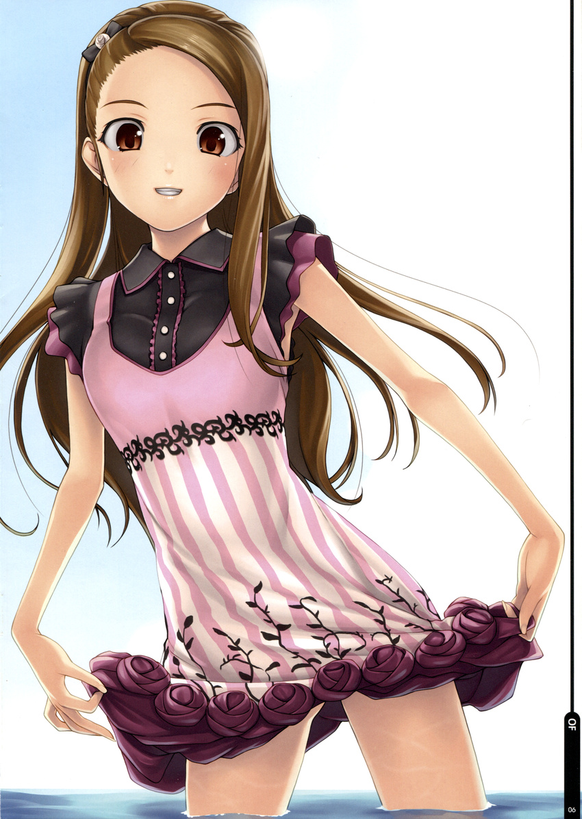 absurdres ass_visible_through_thighs bow brown_eyes brown_hair dress dress_lift grin hair_bow hairband highres idolmaster idolmaster_(classic) idolmaster_2 long_hair minase_iori short_dress smile solo tanaka_shoutarou teeth water