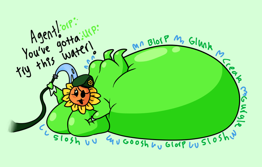 2021 absurd_res beady_eyes belly belly_squish bent_arm big_breasts black_eyes black_mouth blorp blush blush_lines breast_squish breasts burping butt cel_shading clothing colored digital_drawing_(artwork) digital_media_(artwork) electronic_arts elemental_creature elemental_humanoid english_description english_text eye_patch eyelashes eyewear featureless_breasts female female_humanoid flora_fauna flower flower_creature glunk_(sound_effect) green_background green_body green_clothing green_hat green_headwear green_skin hat hat_only headgear headgear_only headwear headwear_only hi_res holding_hose huge_breasts humanoid immobile inflation light lighting liquid_inflation lying major_sweetie_(pvz) mostly_nude mostly_nude_female mostly_nude_humanoid non-mammal_breasts noseless not_furry octoguy on_front open_mouth open_smile plant plant_humanoid plants_vs._zombies popcap_games shaded simple_background sloshing_belly smile solo squish sunflower sunflower_(pvz) text water water_inflation yelling