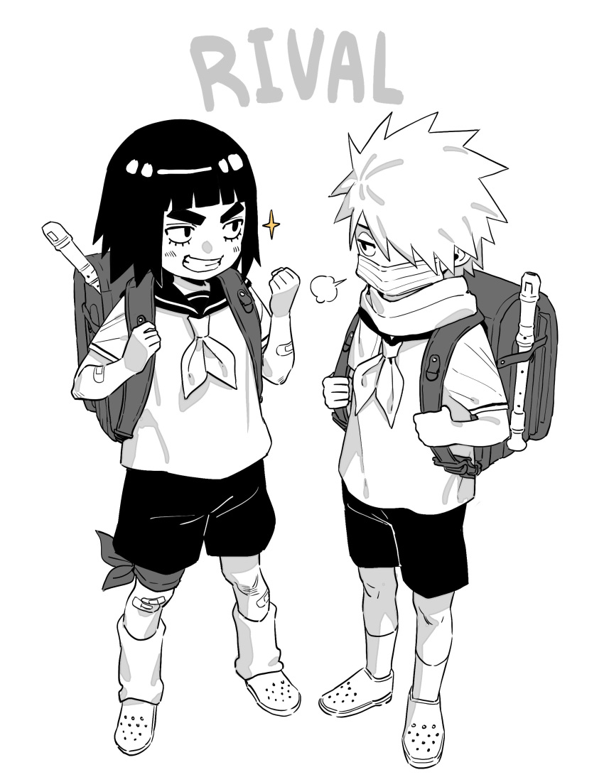 2boys absurdres aged_down backpack bag bandaid bandaid_on_knee bandaid_on_leg black_hair black_shoes blunt_bangs child clenched_hand commentary_request crocs flute full_body greyscale grin hair_over_one_eye hatake_kakashi highres instrument korean_commentary leg_ribbon leg_warmers light_blush looking_at_another m0_mo_momo male_focus mask might_guy monochrome mouth_mask multiple_boys naruto_(series) neckerchief parted_lips ribbon rivalry sailor_collar school_uniform shirt shoes short_hair sigh smile sparkle spiked_hair surgical_mask teeth thick_eyebrows white_hair white_shirt