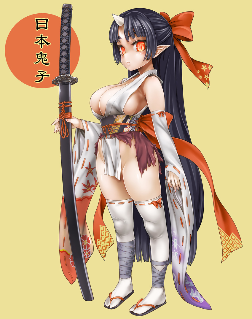 asanagi black_hair bow breasts cleavage detached_sleeves hair_bow highres hinomoto_oniko horn japanese_clothes katana large_breasts long_hair no_panties oni orange_eyes original pointy_ears ponytail sandals sideboob simple_background solo standing sword thighhighs torn_clothes very_long_hair weapon white_legwear