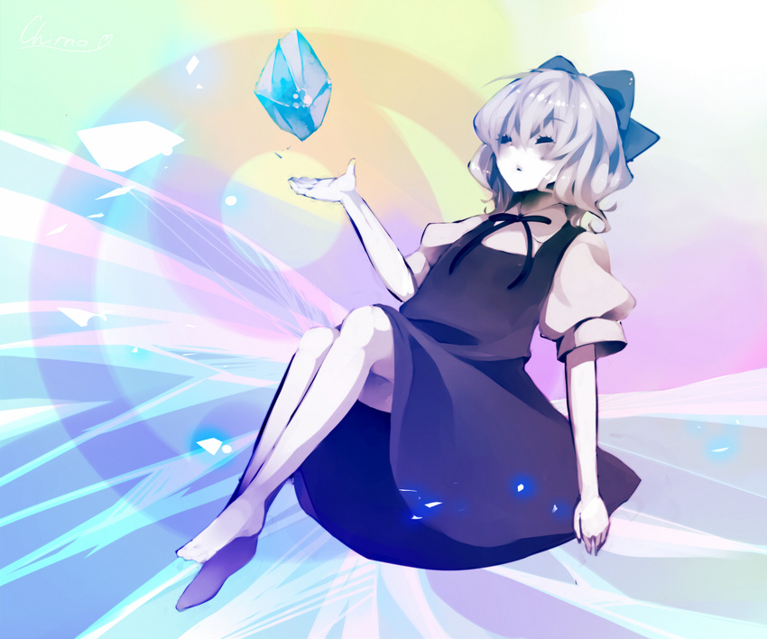 bad_id bad_pixiv_id barefoot blue_hair bow cirno closed_eyes hair_bow hair_ribbon ice ribbon short_hair short_sleeves solo touhou tsuburaya_35