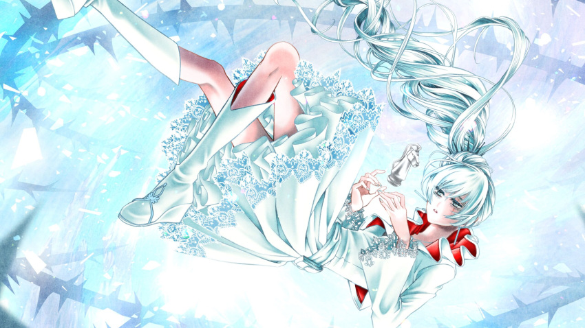 1girl belt_pouch blue_eyes blue_nails boots chess_piece commentary_request dress earrings end_card floating floating_hair floating_object foot_out_of_frame hair_ornament highres jewelry knee_boots knight_(chess) legs long_hair looking_at_object mitukoken official_art parted_lips pouch rwby rwby_ice_queendom sash scar scar_across_eye second-party_source side_ponytail solo thorns tiara very_long_hair wavy_hair weiss_schnee white_dress white_footwear