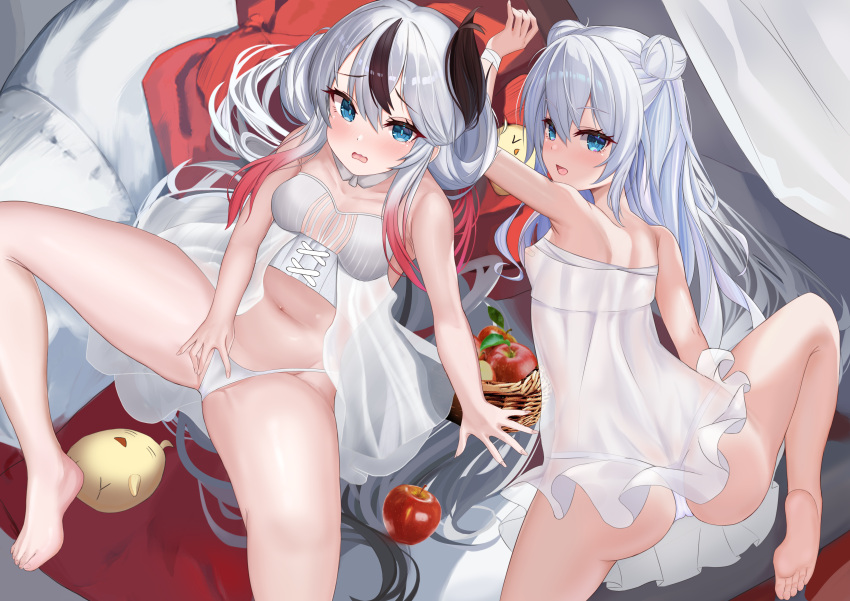 2girls absurdres alternate_costume ass azur_lane bed blue_eyes breasts collarbone fuying_sanbing grey_hair highres l'indomptable_(azur_lane) le_malin_(azur_lane) long_hair manjuu_(azur_lane) multiple_girls navel panties sitting small_breasts soles spread_legs stomach underwear
