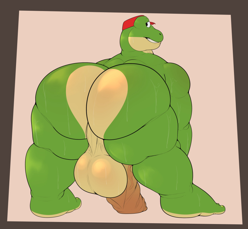 absurd_res amphibian anthro balls big_butt big_penis bodily_fluids butt clothing frog genitals hat headgear headwear hi_res huge_butt looking_back male muscular muscular_male nintendo penis presenting presenting_hindquarters rokie38 slippy_toad smile solo star_fox sweat video_games