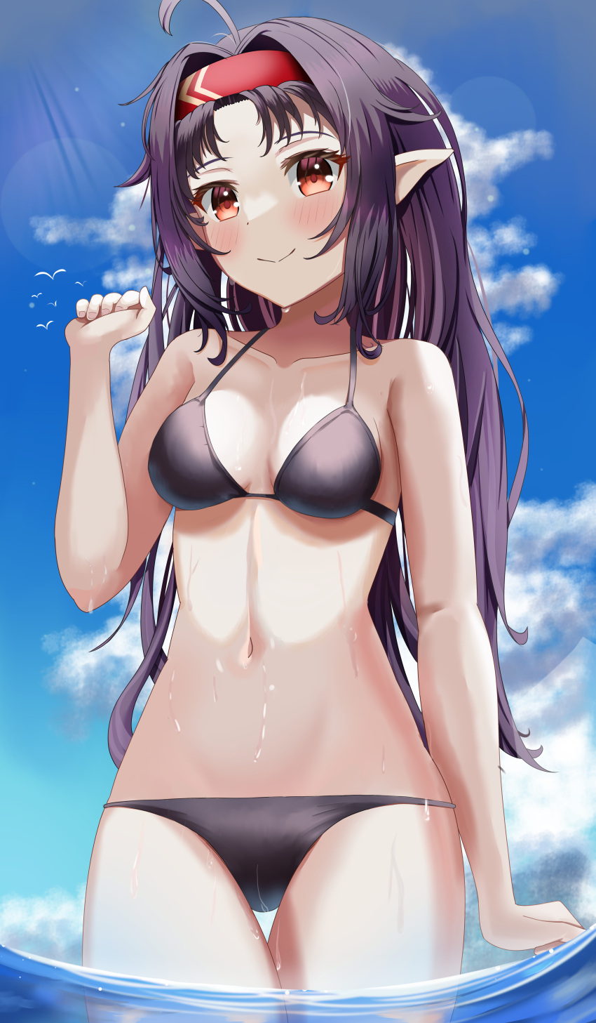 1girl absurdres bikini black_bikini blue_sky breasts cloud cowboy_shot day dokimaru hair_intakes hairband highres navel outdoors pointy_ears purple_hair red_eyes red_hairband sky small_breasts soaking_feet solo standing swimsuit sword_art_online thigh_gap water yuuki_(sao)