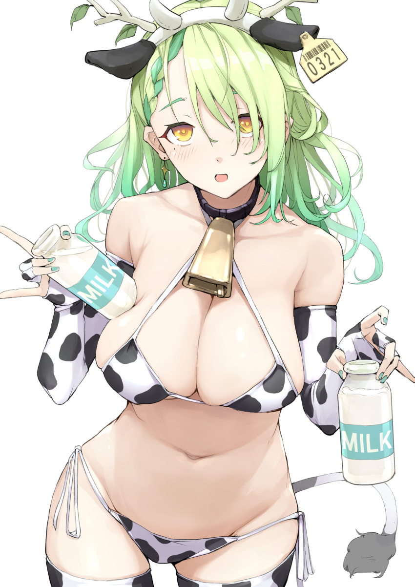 1girl animal_ears animal_print antlers bell bikini bottle braid breasts ceres_fauna cleavage cow_ears cow_print cow_tail cowbell ear_tag green_hair green_nails highres hololive hololive_english large_breasts long_hair looking_at_viewer midriff milk milk_bottle mitsuru_(pixiv_34028718) nail_polish navel neck_bell open_mouth simple_background solo swimsuit tail virtual_youtuber white_background yellow_eyes zettai_ryouiki