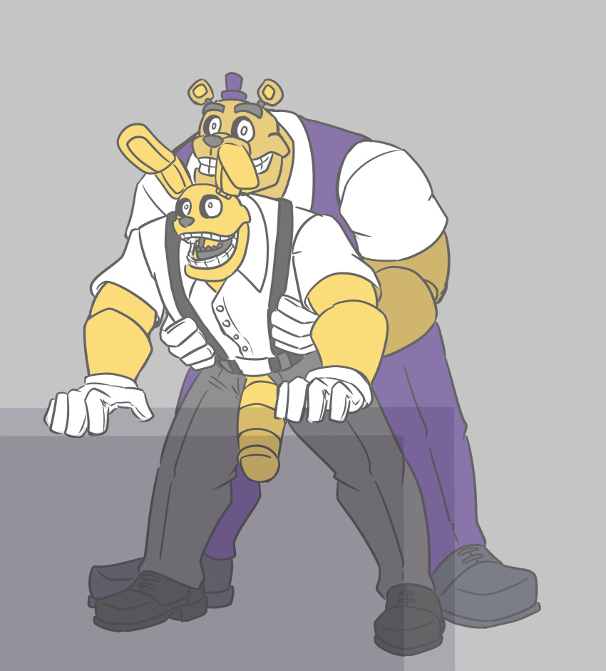 2022 absurd_res anal anal_penetration animatronic anthro anthro_on_anthro anthro_penetrated anthro_penetrating anthro_penetrating_anthro bent_over big_penis bottomwear clothed clothed_sex clothing digital_media_(artwork) duo endoskeleton eyebrows five_nights_at_freddy's footwear fredbear_(fnaf) fully_clothed fur genitals gloves grey_background hands_on_sides handwear hat headgear headwear hi_res humanoid_genitalia humanoid_penis lagomorph leafghost leporid machine male male/male male_penetrated male_penetrating male_penetrating_male mammal open_mouth pants penetration penile penile_penetration penis penis_in_ass penis_through_fly poking_out rabbit robot scottgames sex shirt shoes simple_background smile spring_bonnie_(fnaf) suspenders teeth topwear ursid vest video_games yellow_body yellow_fur
