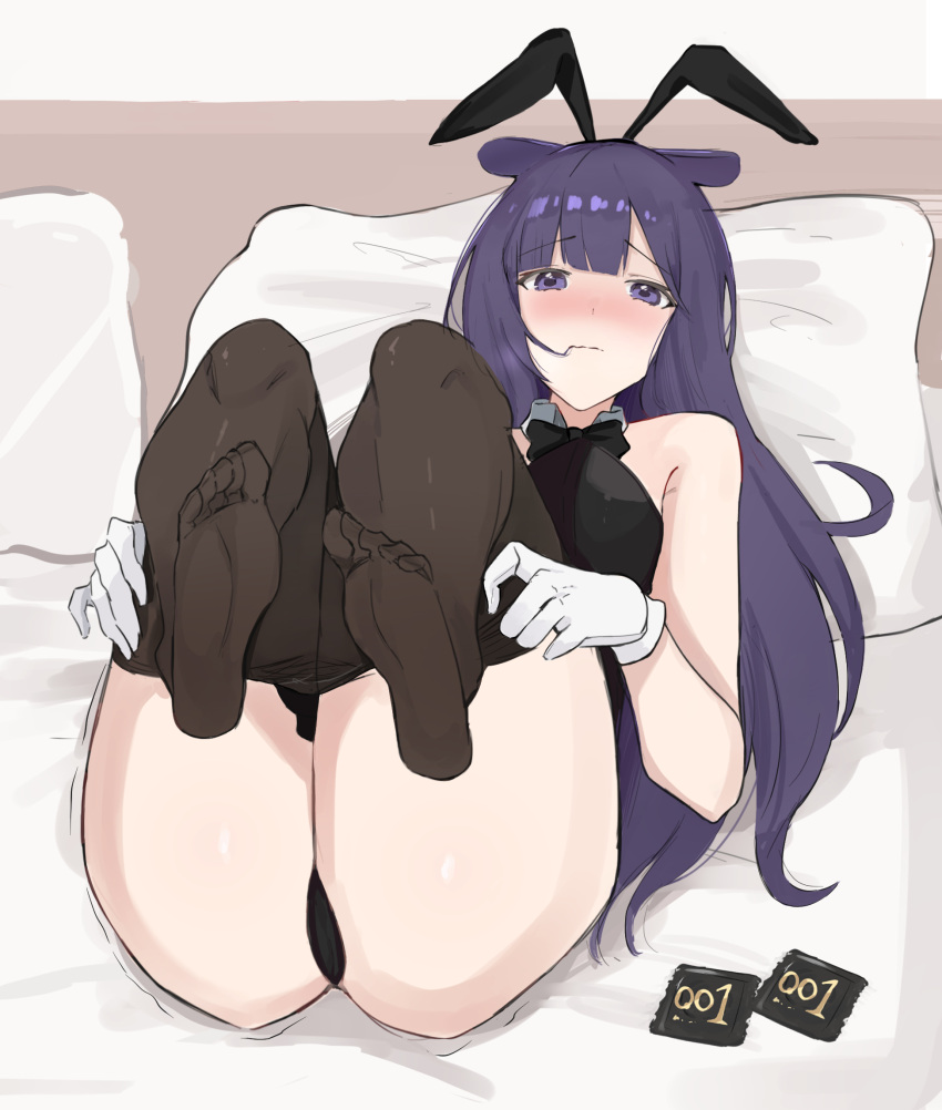 1girl animal_ears bare_shoulders blush bow bowtie clothes_pull condom condom_wrapper detached_sleeves embarrassed gloves hair_in_mouth highres hololive hololive_english koupi_(ku_roiko) ku_roiko long_hair looking_at_viewer on_bed pantyhose pantyhose_pull personification pillow playboy_bunny purple_eyes purple_hair rabbit_ears solo takodachi_(ninomae_ina'nis) tentacle_hair white_gloves