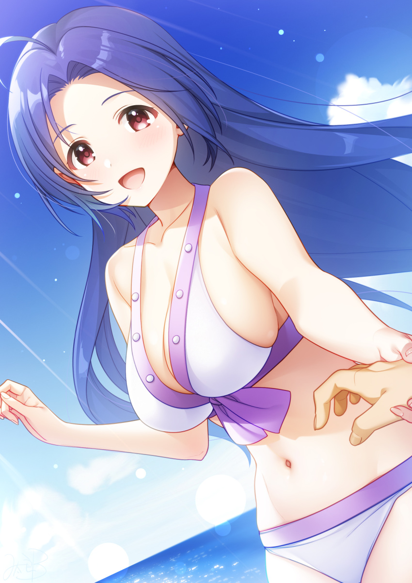 1girl :d absurdres ahoge bikini blue_hair blue_sky breasts cloud day highres holding_hands idolmaster idolmaster_(classic) large_breasts long_hair mikapoe miura_azusa navel ocean open_mouth pov red_eyes sky smile swimsuit white_bikini