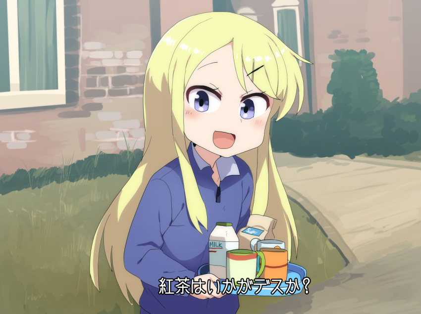 1girl :d bangs blonde_hair blue_eyes blue_shirt blush boris_johnson boris_johnson_(cosplay) bottle building bush coffee_cup commentary_request cosplay cup disposable_cup flat_chest fuka_(kantoku) grass hair_ornament hairclip holding holding_tray kin-iro_mosaic kujou_karen long_hair looking_at_viewer milk_bottle open_mouth outdoors real_life shirt sidewalk smile solo translated tray upper_body window