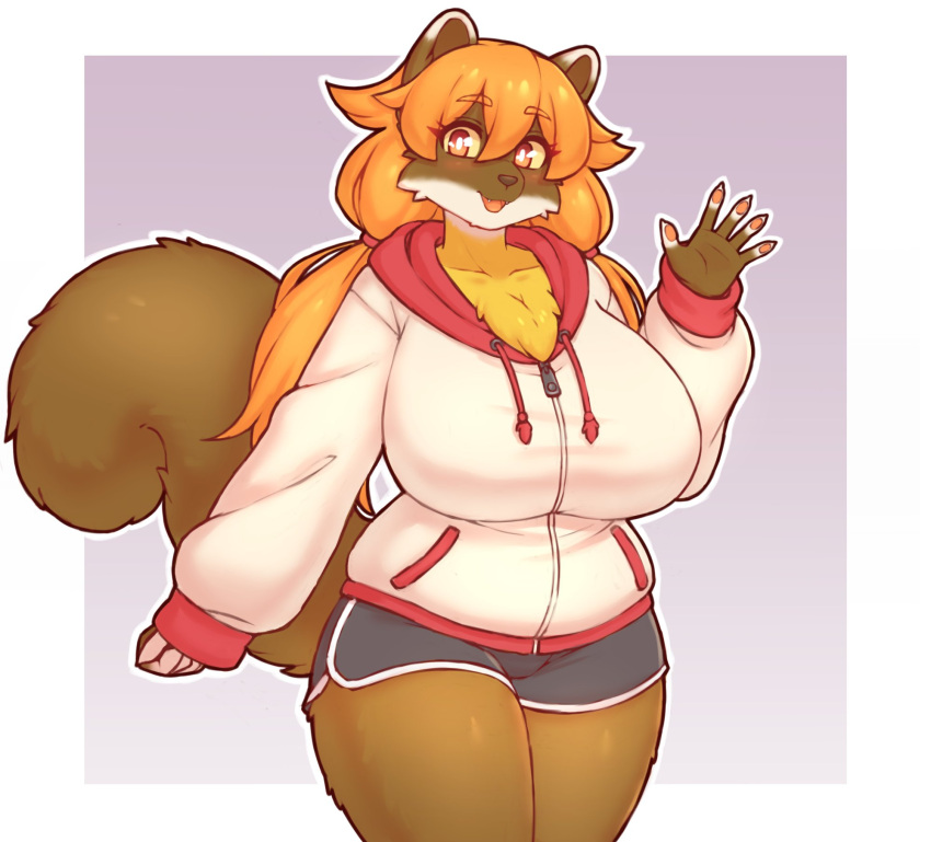 anthro big_breasts blush bottomwear breasts brown_body brown_fur chest_tuft clothed clothing dobrota emi_(yasu) female fluffy fluffy_tail fur gesture gulonine hair hi_res hoodie huge_breasts looking_at_viewer mammal marten multicolored_body multicolored_fur mustelid musteline open_mouth open_smile orange_hair pigtails red_eyes shorts simple_background smile solo topwear tuft waving white_body white_fur yellow-throated_marten yellow_body yellow_fur yellow_sclera