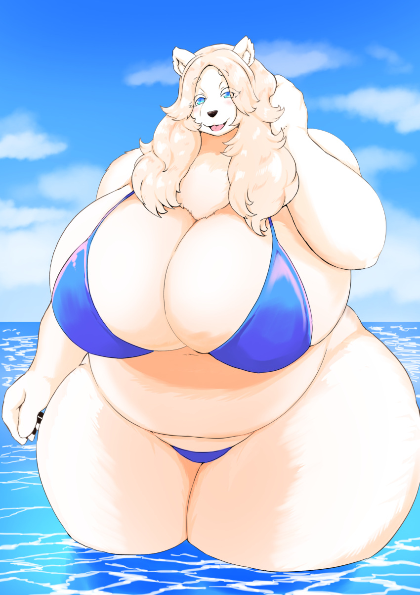 5_fingers anthro atherbirochi belly big_breasts bikini biped black_nose black_pawpads blonde_hair blue_bikini blue_bottomwear blue_clothing blue_eyes blue_swimwear blue_topwear blush bottomwear breasts chest_tuft cleavage clothed clothing cloud colored curvy_figure day detailed_background digital_media_(artwork) eyelashes female fingers front_view fur hair hand_behind_head hi_res huge_breasts humanoid_hands kemono long_hair looking_at_viewer mammal midriff monotone_body monotone_ears monotone_fur monotone_hair navel open_mouth open_smile outside overweight overweight_anthro overweight_female partially_submerged partially_submerged_legs pawpads polar_bear portrait sea shaded skimpy sky smile solo standing swimwear thick_thighs three-quarter_portrait tongue topwear tuft ursid ursine voluptuous water white_body white_ears white_fur white_inner_ear wide_hips