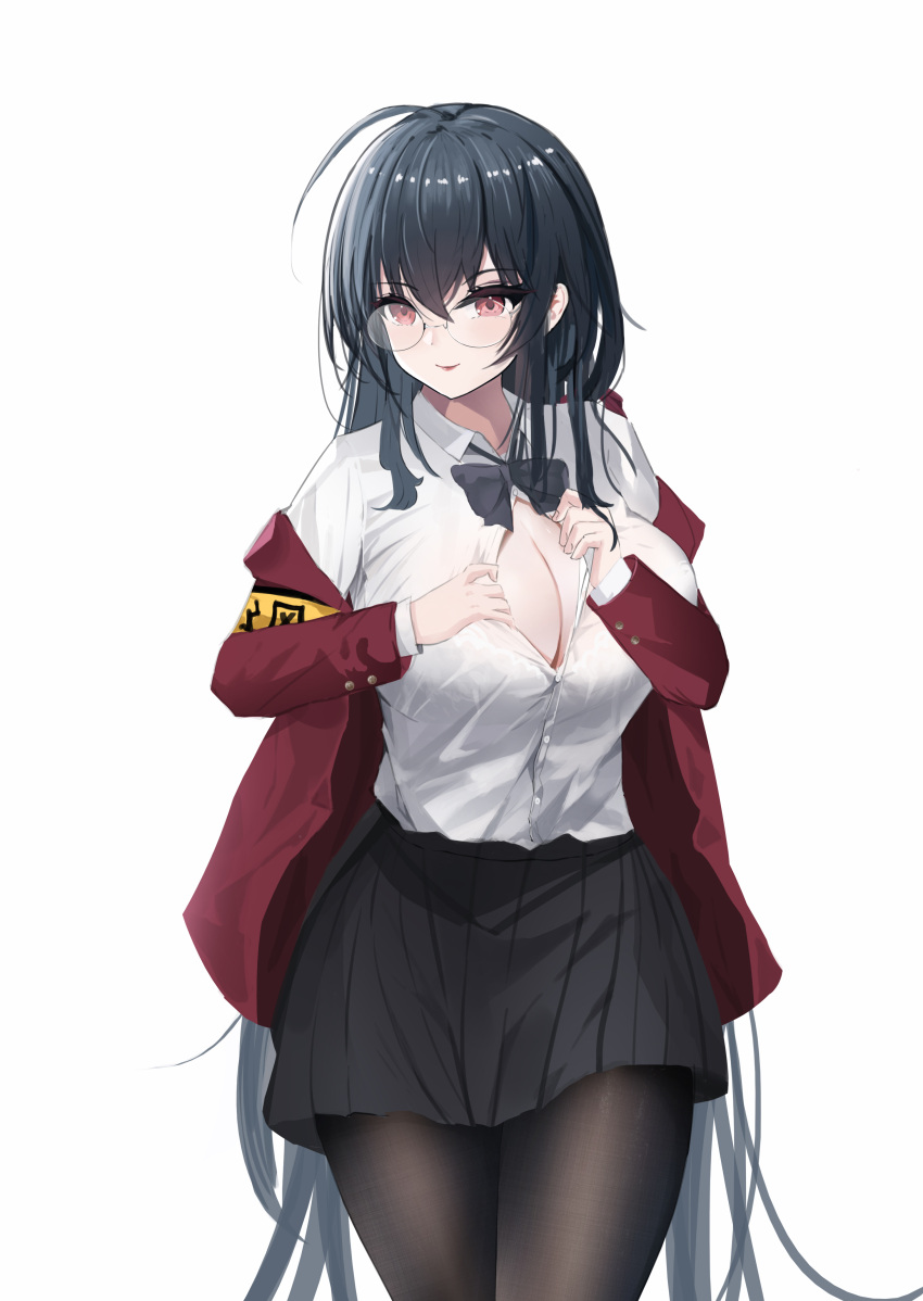 1girl 24kchunshuai absurdres azur_lane bangs black_bow black_bowtie black_hair black_pantyhose black_skirt blush bow bowtie breasts cleavage closed_mouth collared_shirt cowboy_shot glasses highres jacket large_breasts long_hair long_sleeves looking_at_viewer official_alternate_costume pantyhose pleated_skirt red_eyes red_jacket school_uniform shirt simple_background skirt smile solo taihou_(azur_lane) taihou_(sweet_time_after_school)_(azur_lane) white_background white_shirt