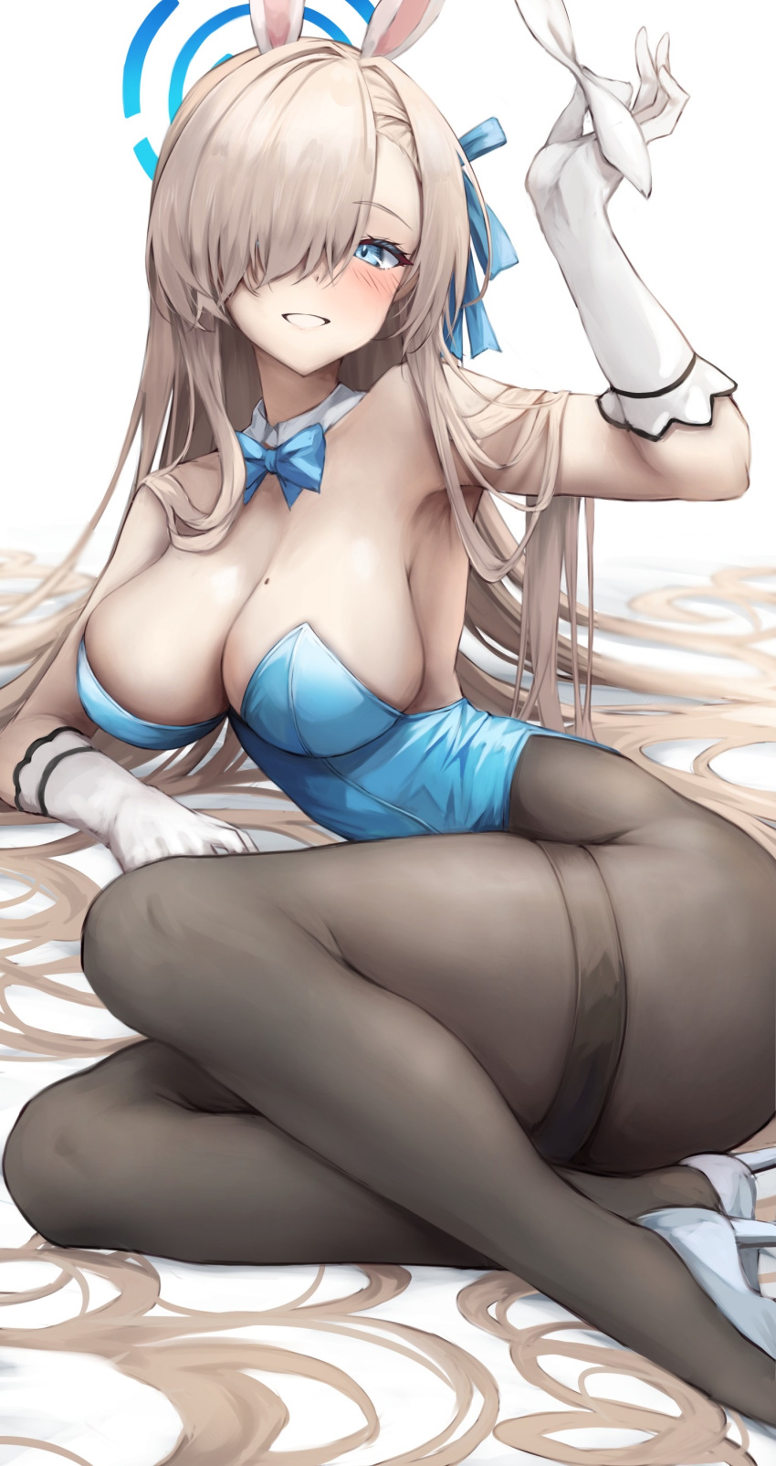 1girl absurdres animal_ears asuna_(blue_archive) asuna_(bunny)_(blue_archive) blue_archive blue_bow blue_bowtie blue_eyes blush bow bowtie breasts fake_animal_ears gloves grin hair_over_one_eye hair_ribbon halo high_heels highres inre_kemomimi large_breasts leotard long_hair lying mole mole_on_breast on_side pantyhose ribbon smile solo strapless strapless_leotard very_long_hair white_gloves