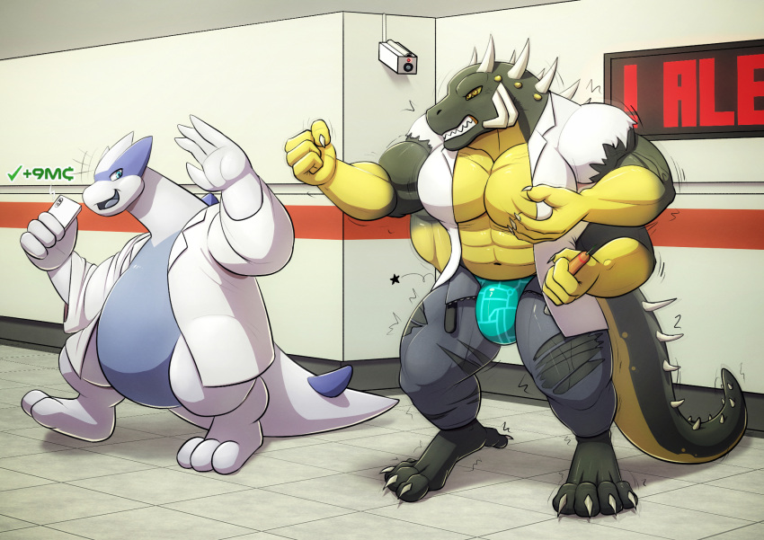 abs alien angry anthro barazoku belly betrayal biceps big_muscles bulge claws clothed clothing coat digital_media_(artwork) digitigrade duo flaccid fully_clothed generation_2_pokemon genitals growth growth_serum hi_res hybrid interspecies lab_coat legendary_pokemon lowius lugia male multi_arm multi_eye multi_limb multicolored_body muscle_growth muscular muscular_anthro muscular_male nintendo olive_body orange_eyes paws pecs penis pokemon pokemon_(species) primodrago reptile scalie scientist shaded simple_background spikes standing syringe teeth topwear torn_clothing two_tone_body two_tone_tail underwear vein video_games yellow_body yellow_eyes