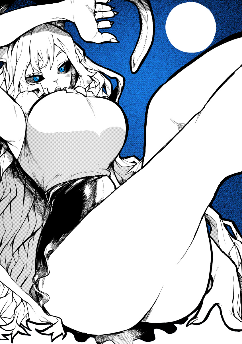 1girl absurdres animal_ears arm_up armpits bare_legs black_sclera blue_background blue_eyes breasts carrot_(one_piece) colored_sclera commentary feet_out_of_frame full_moon greyscale_with_colored_background highres large_breasts legs_up long_hair looking_at_viewer miniskirt monochrome moon one_piece open_mouth rabbit_ears rabbit_girl shirt shirt_tucked_in simple_background skirt sleeveless sleeveless_shirt solo spot_color thighs very_long_hair yotsumi_shiro