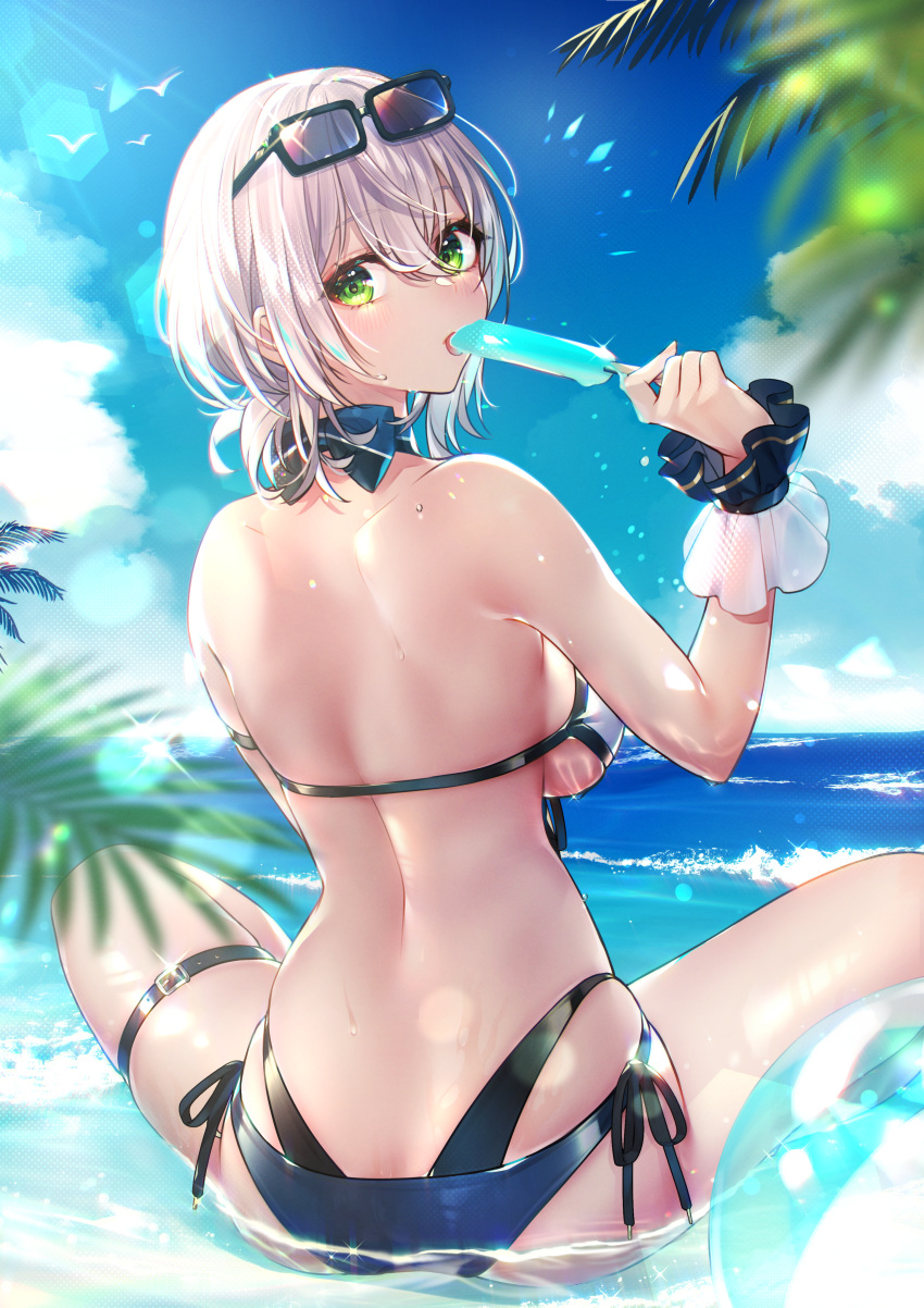 1girl absurdres ass back ball bangs beachball bikini blue_sky blush bow breasts cloud day eyewear_on_head food front-tie_bikini_top front-tie_top green_eyes grey_hair highleg highleg_panties highres holding holding_food hololive kitazume_kumie large_breasts looking_at_viewer looking_back medium_breasts ocean palm_tree panties popsicle scrunchie shirogane_noel short_hair side-tie_bikini_bottom sitting sky solo summer sunglasses swimsuit thigh_strap tree underwear virtual_youtuber water wet white_bikini wrist_scrunchie