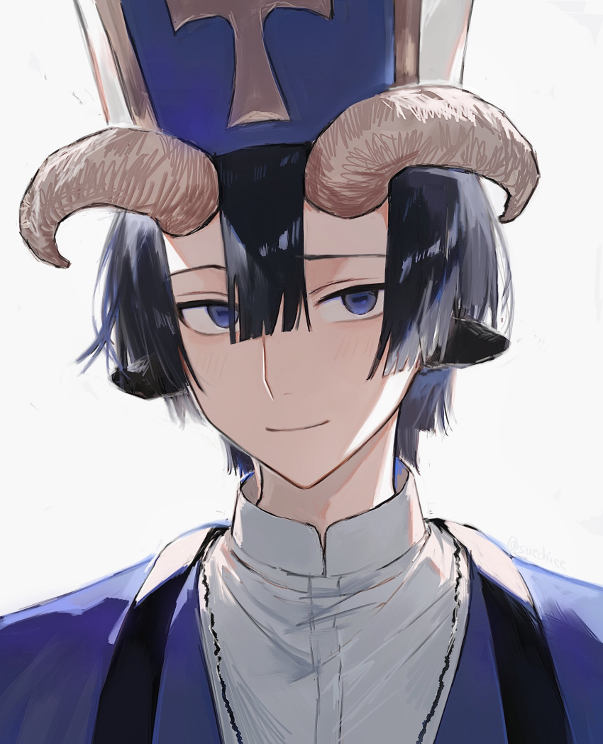 1boy absurdres animal_ears bangs blue_eyes blue_hair demon_cleric goat_boy goat_ears goat_horns grey_background hat highres horns light looking_at_viewer male_focus maou-jou_de_oyasumi shade short_hair simple_background smile solo suechiee