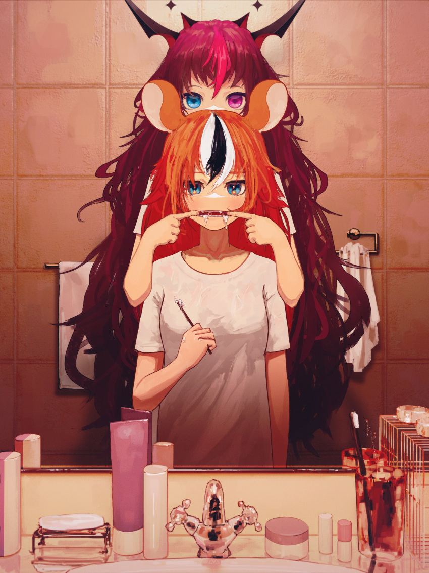 2girls absurdres animal_ears bar_soap bathroom black_hair blue_eyes hakos_baelz height_difference heterochromia highres holding holding_toothbrush hololive hololive_english horns irys_(hololive) long_hair lotion_bottle messy_hair mouse_ears mouse_girl multicolored_hair multiple_girls open_mouth purple_eyes purple_hair red_hair saliva shirt sink streaked_hair toothbrush virtual_youtuber white_hair white_shirt yto9