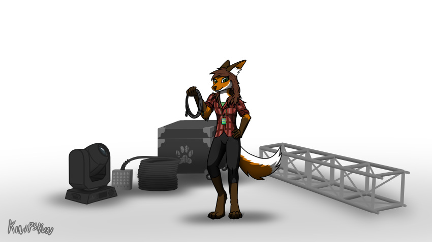 4_toes 5_fingers absurd_res anthro black_bottomwear black_clothing black_pants black_yoga_pants bottomwear brown_ears brown_hair brown_hands brown_paws cable canid canine claws clothed clothing collared_shirt countershading dipstick_ears dipstick_tail equipment feet female fingers flight_case fox fully_clothed fur fur_markings gloves_(marking) green_clothing green_eyes green_shirt green_topwear hair hand_on_hip hi_res holding_cable holding_object inner_ear_fluff kinipshun lanyard leg_markings light lighting looking_at_viewer mammal markings michelle_(kinipshun) moving_head_light multicolored_ears name_tag orange_body orange_fur pants pattern_clothing pattern_shirt pattern_topwear plaid plaid_clothing plaid_shirt plaid_topwear red_clothing red_shirt red_topwear rolled_up_sleeves shirt simple_background smile socks_(marking) solo stage_lights standing tail_markings toes topwear truss tuft under_shirt white_background yoga_pants