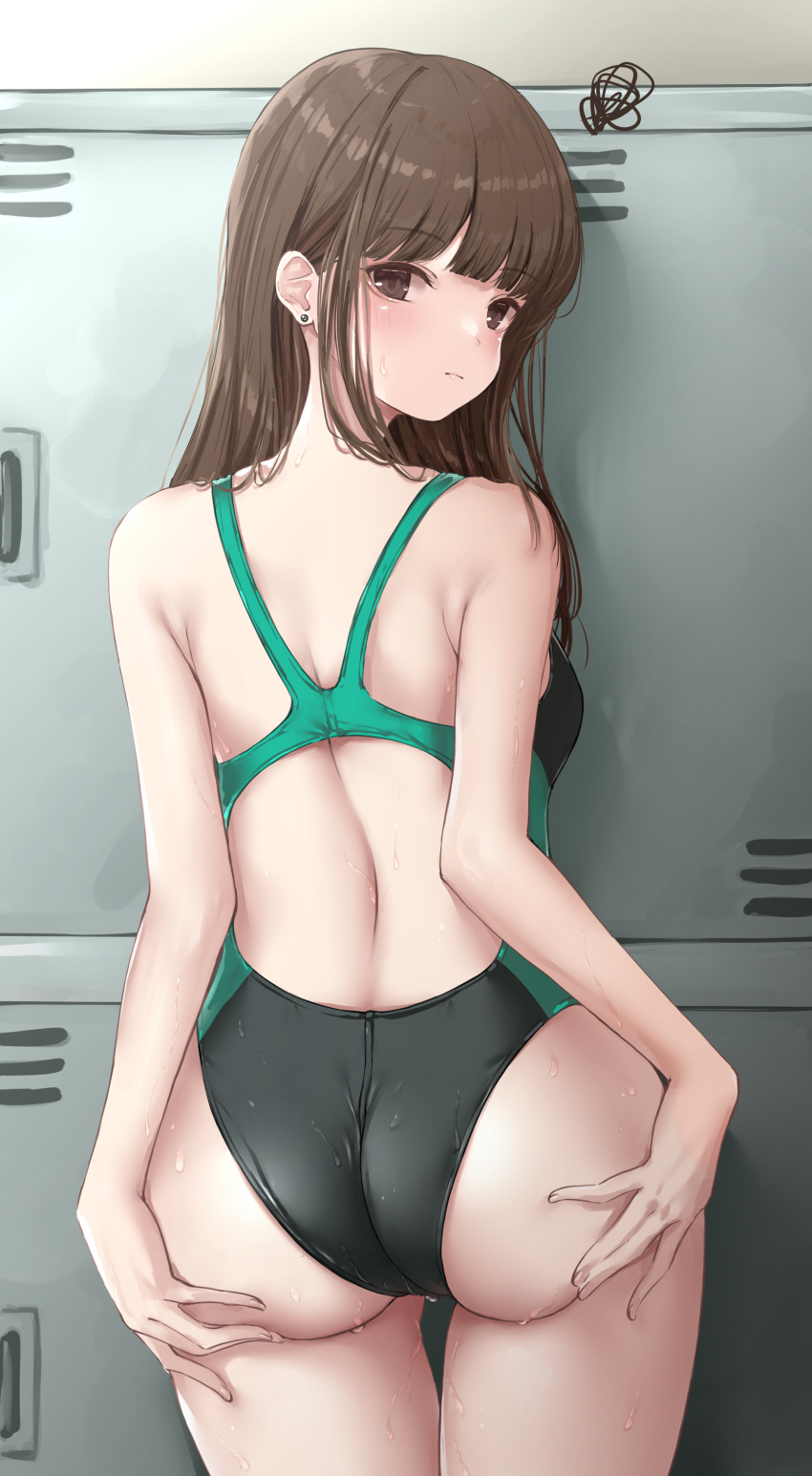 1girl absurdres ass back bangs black_one-piece_swimsuit blunt_bangs blush breasts brown_eyes brown_hair closed_mouth commentary_request competition_swimsuit cowboy_shot ear_piercing from_behind green_one-piece_swimsuit highres indoors locker locker_room long_hair looking_at_viewer looking_back ncontrail_(mgax7527) one-piece_swimsuit original piercing revision shoulder_blades small_breasts solo squiggle standing swimsuit thighs two-tone_swimsuit wet