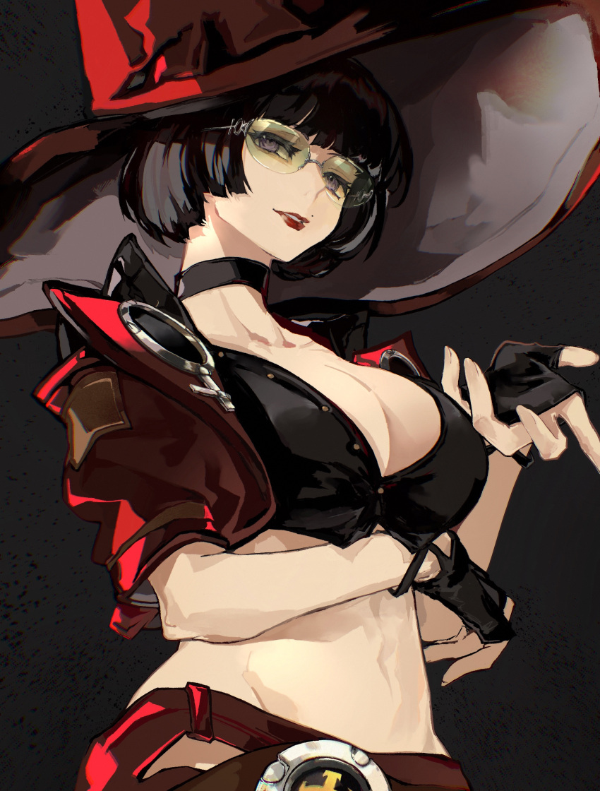1girl absurdres bangs black_background black_choker black_hair blue_eyes bob_cut breasts choker cleavage collarbone crop_top fingerless_gloves found_modori gloves green-tinted_eyewear guilty_gear guilty_gear_strive hat highres i-no large_breasts looking_at_viewer midriff mole mole_above_mouth navel parted_lips red_eyes red_lips shaded_face short_hair short_sleeves simple_background solo stomach sunglasses tinted_eyewear venus_symbol witch witch_hat