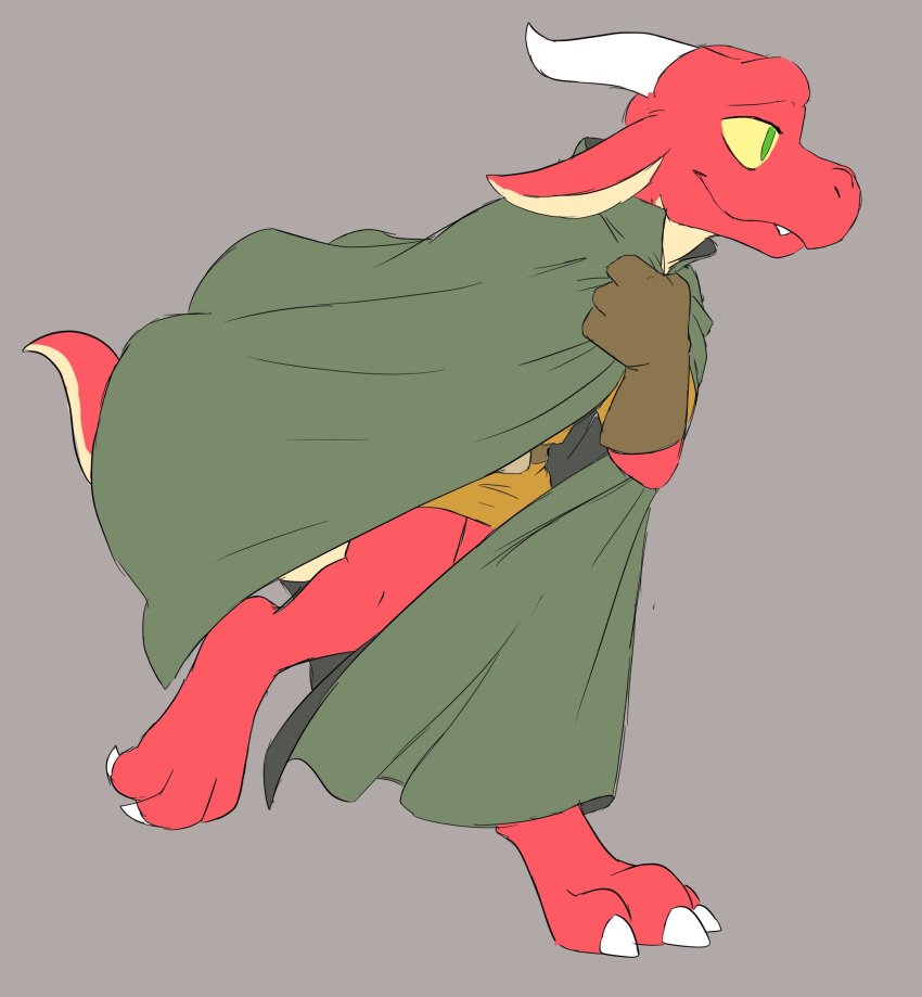 3_toes 4_fingers ambiguous_gender anthro biped brown_tunic claws clothing digitigrade ears_down fangs feet fingers flat_colors gloves green_cloak green_eyes grey_background handwear hi_res horn kobold kyrio pivoted_ears red_body scalie simple_background smile snout solo toe_claws toes