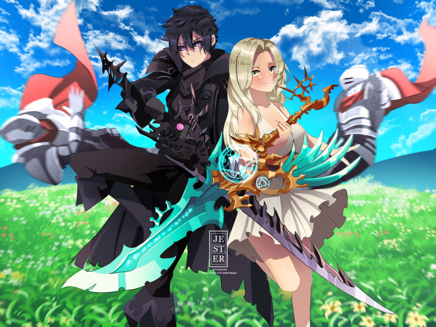 1boy 1girl adventurequest_worlds artix_entertainment back-to-back black_hair black_pants black_shirt blonde_hair blue_sky dress grass highres holding holding_sword holding_weapon knight long_hair magic md5_mismatch nature outdoors pants purple_eyes shirt short_hair sky smile sword weapon white_dress