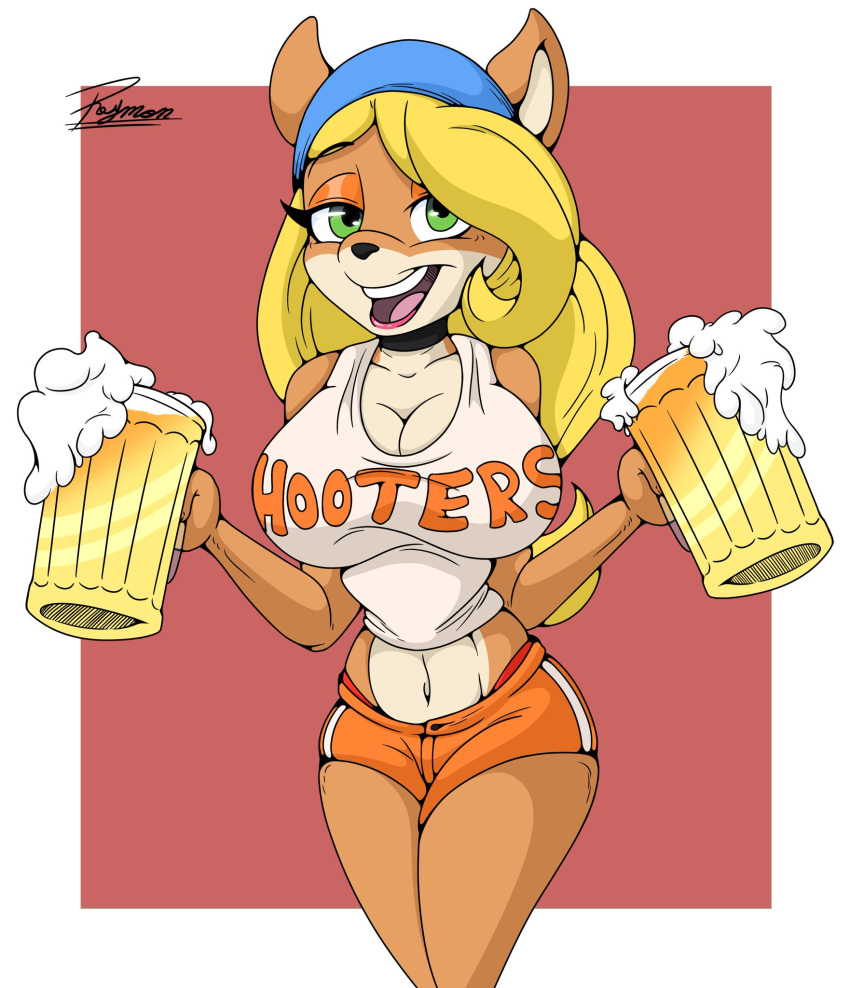 activision alcohol anthro bandicoot beer beverage big_breasts breasts clothed clothing coco_bandicoot crash_bandicoot_(series) female fur hair hair_down hi_res hooters hooters_uniform long_hair mammal marsupial midriff reylobo solo video_games waiter