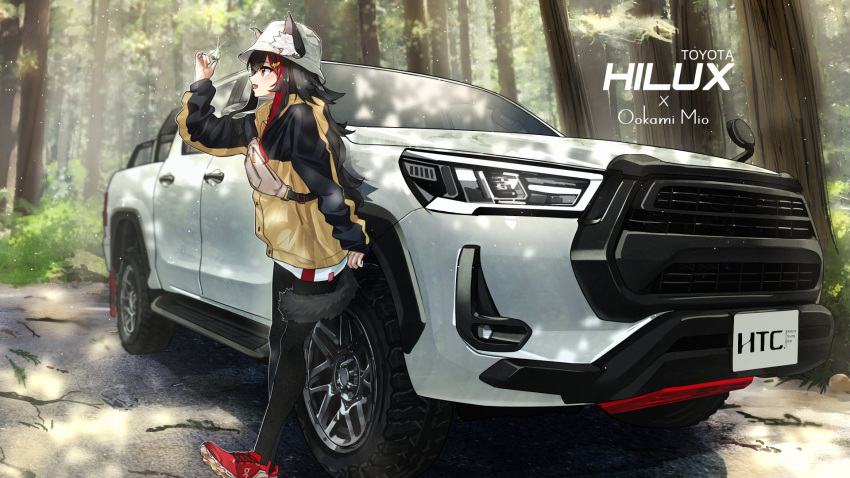 1girl animal_ear_fluff animal_ears black_hair black_jacket character_name commentary_request flipped_hair forest ground_vehicle hat highres hololive jacket license_plate long_hair long_sleeves motor_vehicle multicolored_clothes multicolored_hair multicolored_jacket nature ookami_mio open_mouth outdoors pickup_truck red_footwear red_hair shoes smile sneakers solo spiked_hair streaked_hair tail tail_around_leg tail_wrap toyota toyota_hilux tree truck two-tone_jacket vehicle_focus vehicle_name very_long_hair virtual_youtuber white_headwear wolf_ears wolf_girl wolf_tail yellow_eyes yellow_jacket you'a