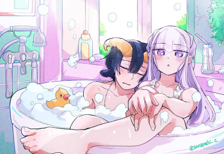 1boy 1girl animal_ears aurora_sya_lis_kaymin bangs bath bathing blue_hair closed_mouth commentary_request demon_cleric feet goat_ears goat_horns highres horns indoors legs long_hair looking_at_viewer maou-jou_de_oyasumi mixed_bathing nude open_mouth pectoral_cleavage pectorals purple_eyes purple_hair rubber_duck shampoo_bottle short_hair sleeping soap soap_bubbles star-shaped_pupils star_(symbol) symbol-shaped_pupils window yostuba0704