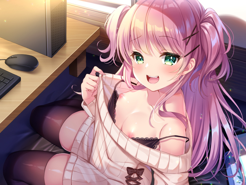 1girl :d arm_support bangs bare_shoulders black_bra blush book bra breasts clothes_pull collarbone computer desk dress fang fingernails flashing green_eyes hair_ornament hairclip hand_up highres indoors keyboard_(computer) koyama_sao lace-trimmed_bra lace_trim long_fingernails long_hair long_sleeves looking_at_viewer mouse_(computer) nipples off-shoulder_sweater off_shoulder open_mouth original pink_hair reclining shiny shiny_skin sidelocks sitting small_breasts smile solo sweater sweater_dress sweater_pull teeth thighhighs two_side_up underwear upper_teeth very_long_hair x_hair_ornament